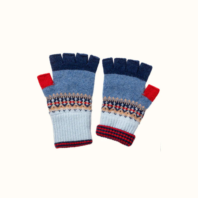 Pair of colorful fingerless gloves with a pattern on a white background