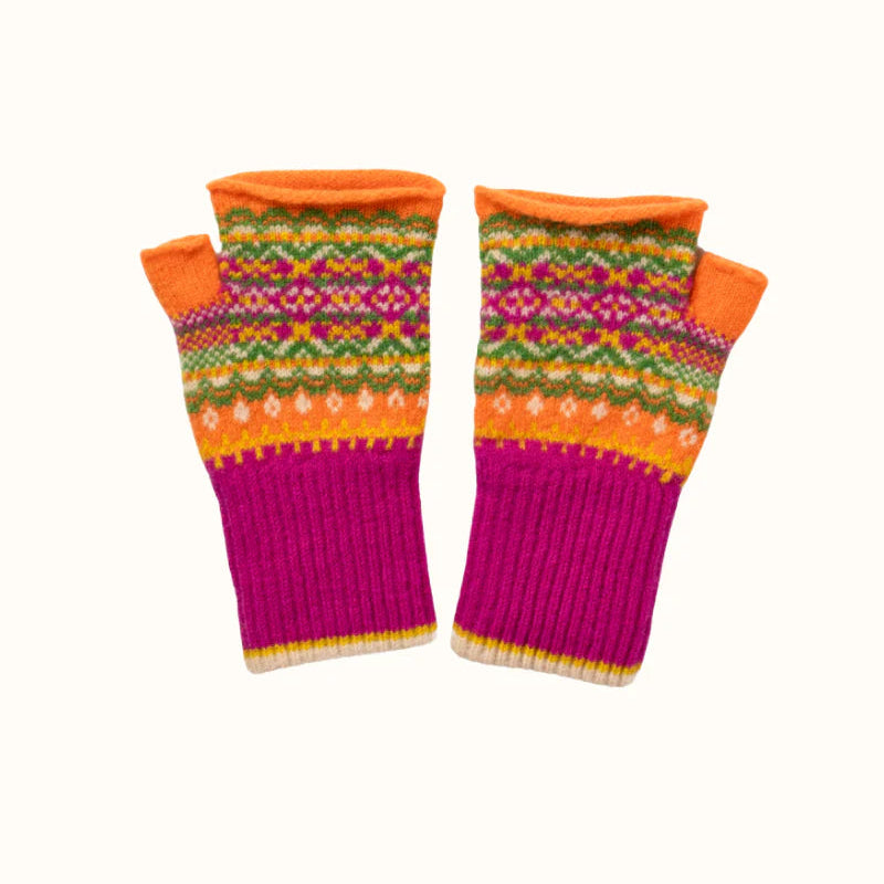 Colorful knitted fingerless gloves with a pattern on a white background