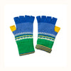 Pair of blue and green fingerless gloves with patterned cuffs on a white background