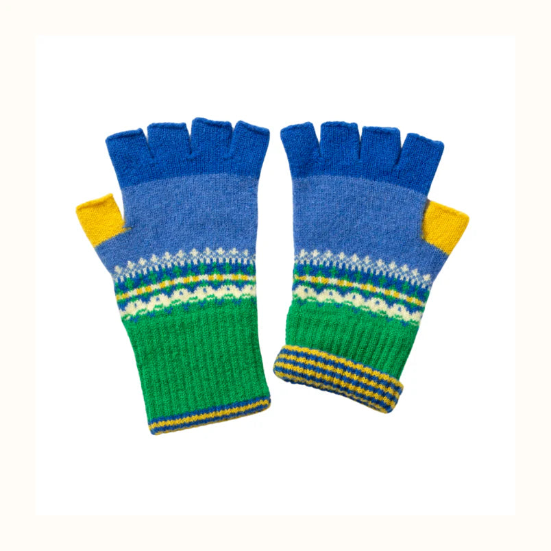 Pair of blue and green fingerless gloves with patterned cuffs on a white background