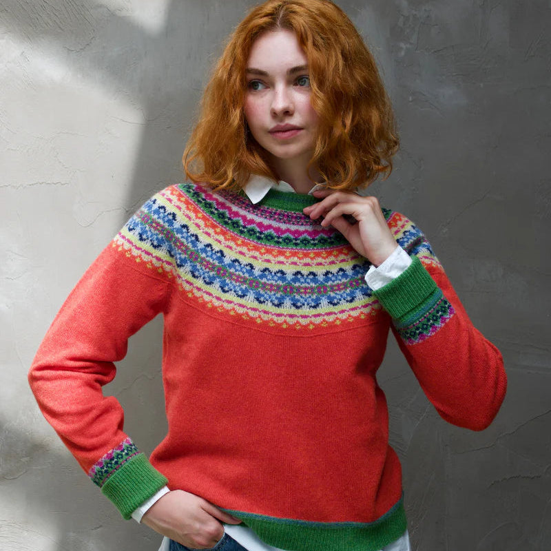 Person wearing a colorful Eribe sweater with a patterned yoke against a gray wall.