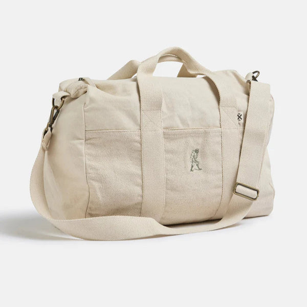 Beige duffel bag with a brand logo on a white background