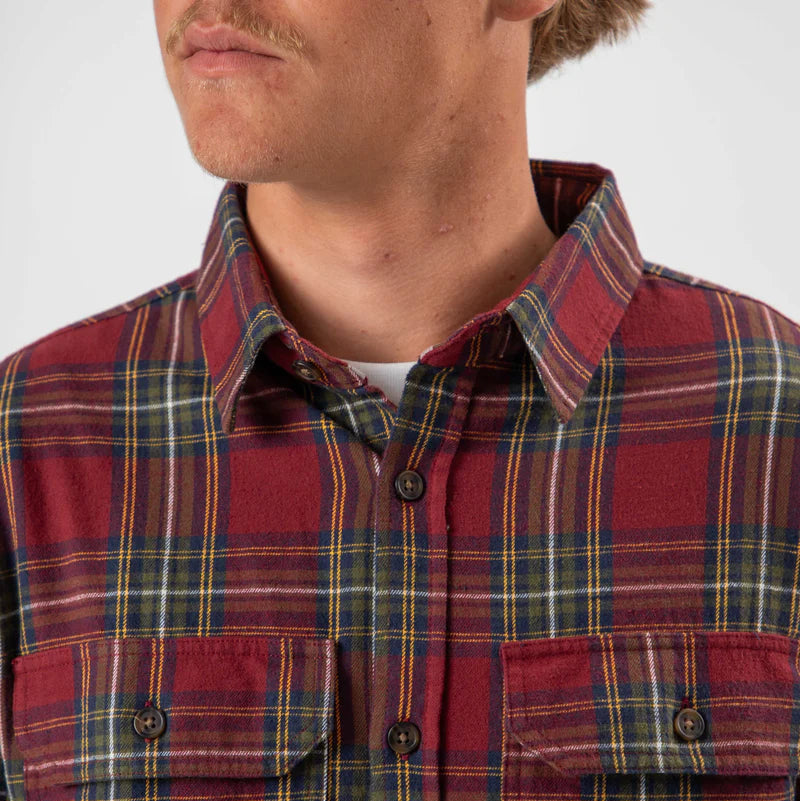 Red and green plaid shirt worn by a person on a white background