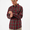Man wearing a red plaid shirt on a white background