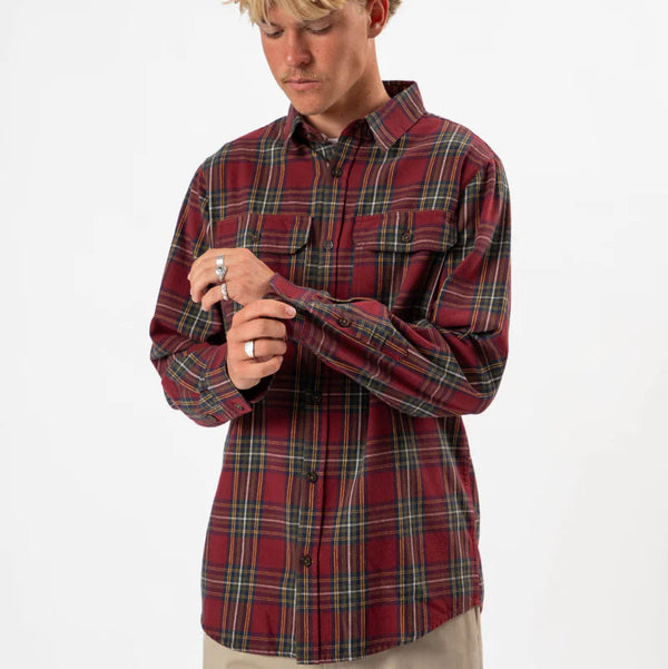 Man wearing a red plaid shirt on a white background