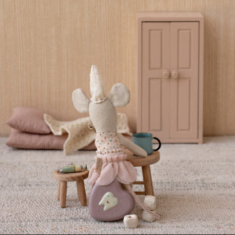 Maileg Tooth Fairy Mouse sitting on a tooth fairy keepsake box