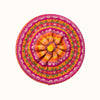 Colorful round woollen beret with a pink border on a white background