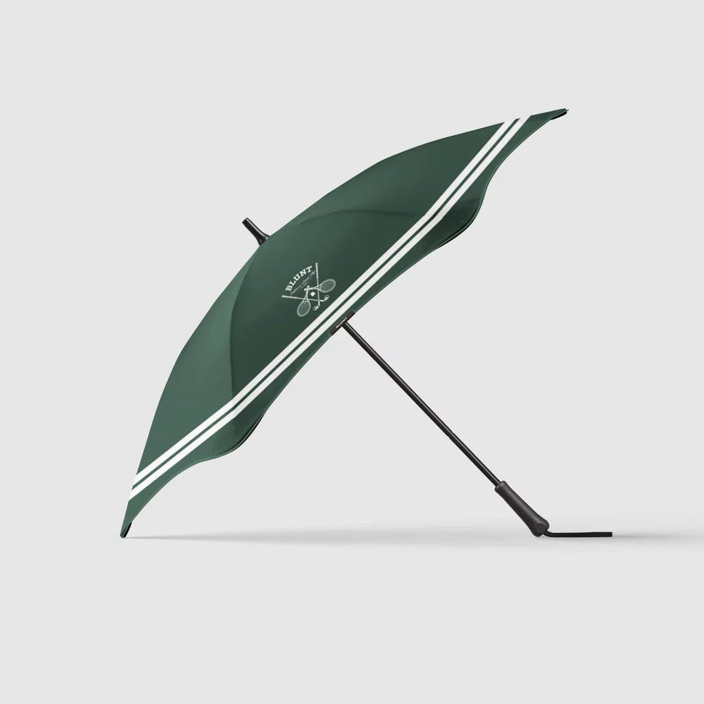 Green Blunt umbrella with white stripes on a light gray background