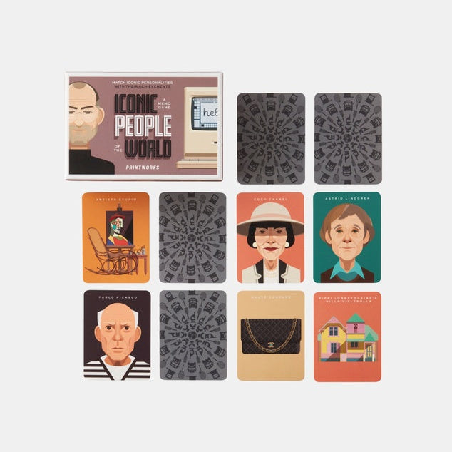 A set of illustrated cards or game pieces arranged on a light gray background, including a title card reading 'Iconic the People of the World' and several patterned and character-themed cards.