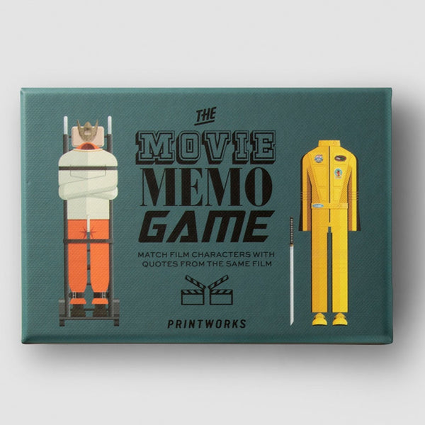A rectangular printed game box or cover titled "The Movie Memo Game" by Printworks, shown on a light gray background. The front has a teal background with illustrated film-related figures: a person wrapped in bandages on the left, a yellow jumpsuit on the right, and black title text in the center.