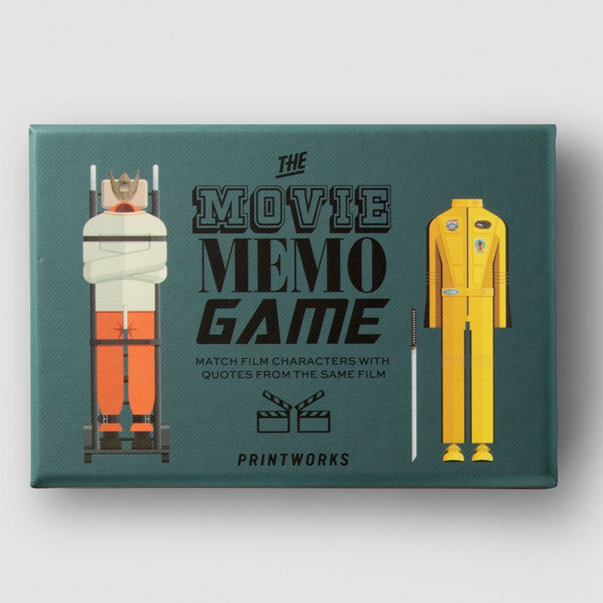 A rectangular printed game box or cover titled "The Movie Memo Game" by Printworks, shown on a light gray background. The front has a teal background with illustrated film-related figures: a person wrapped in bandages on the left, a yellow jumpsuit on the right, and black title text in the center.